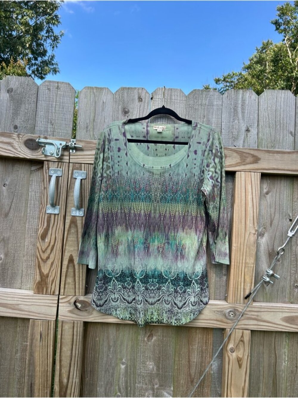 3/4 sleeve world unity‎ top size XL green rhinestone bling fairy whimsy spring
